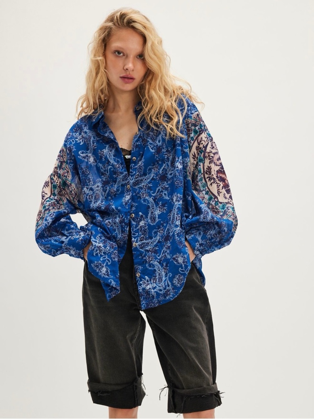 NWT Free People Rose Bud Cerulean Blue Paisley Button Up Boho Tunic Blouse